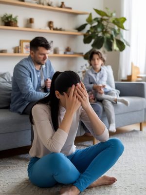 family-mom-headache-running-home-frustration-stress-burnout-living-room family-mom-headache-running-home-frustration-stress-burnout-living-room